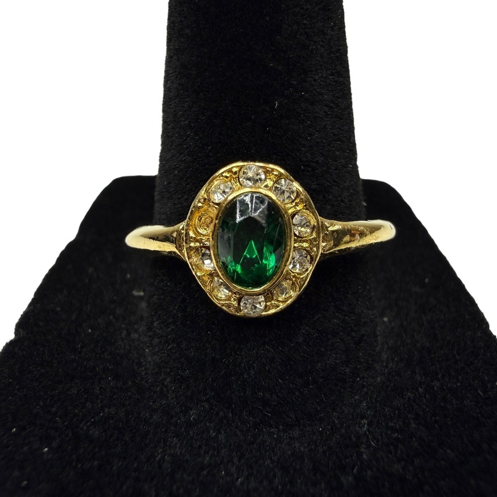 Elegant Gold Tone Emerald Green Stone with Clear Pave Accents Ring Size 9
